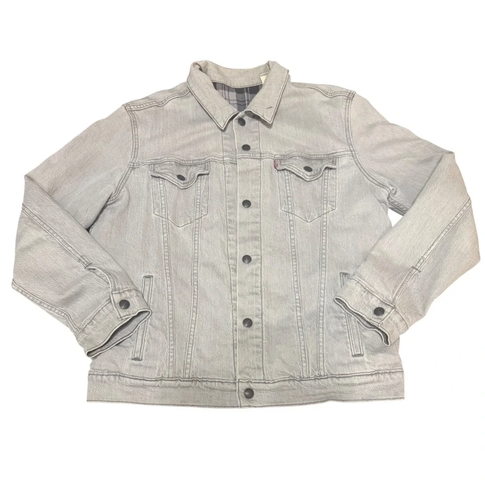 Levis Premium Mens Grey Denim Flannel Lined Trucker Jacket‎ Size L Large Grey